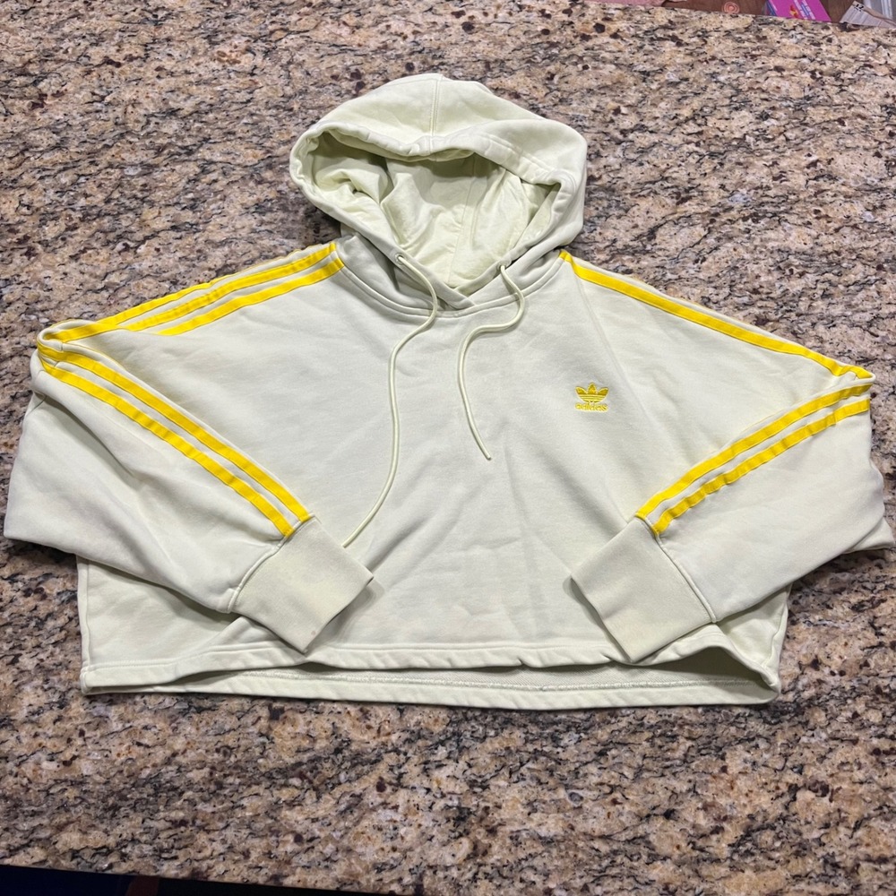Adidas Originals Women Cropped Hoodie Yellow Lime 3-Stripe‎ Trefoil Logo Medium